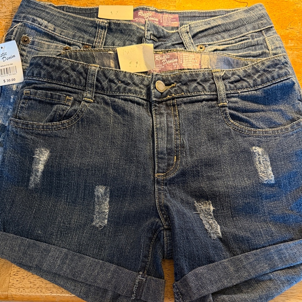 Casual Rolled-Hem Distressed Denim Shorts - Dark Blue. Lot of Two pairs